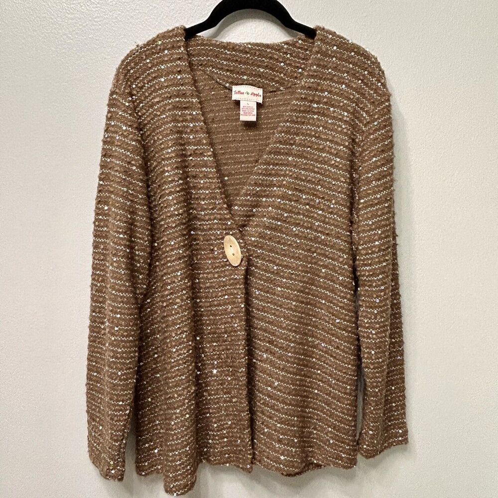Toffee Apple Cardigan Women’s Large Brown Boho Knit Preppy Stripe Sequin Sweater